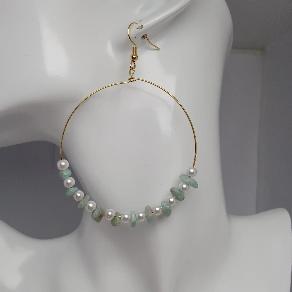Elegant faux pearl and amazonite earrings
